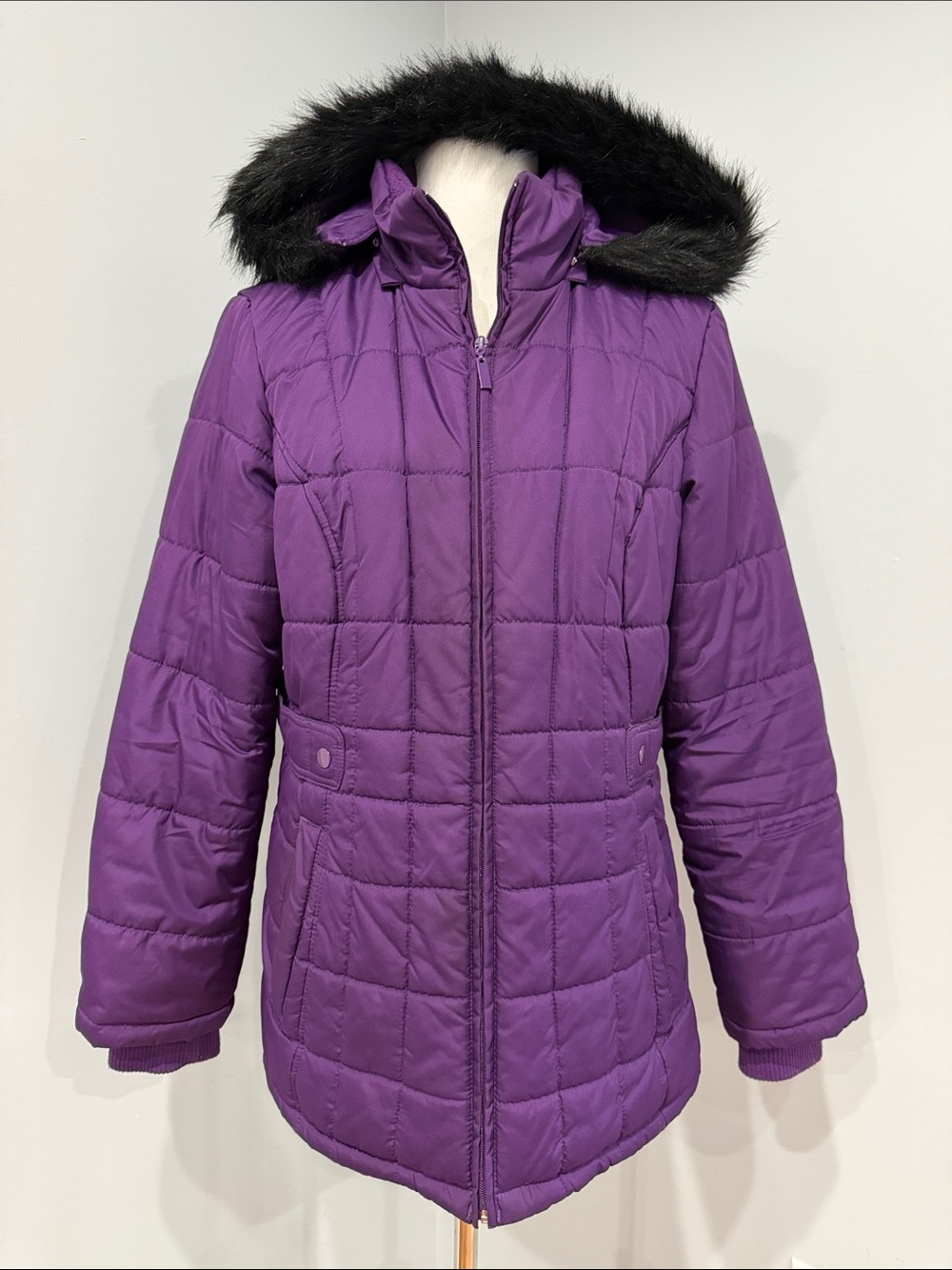 Faded Glory Purple Quilted Hooded Puffer with Black Faux Fur Trim